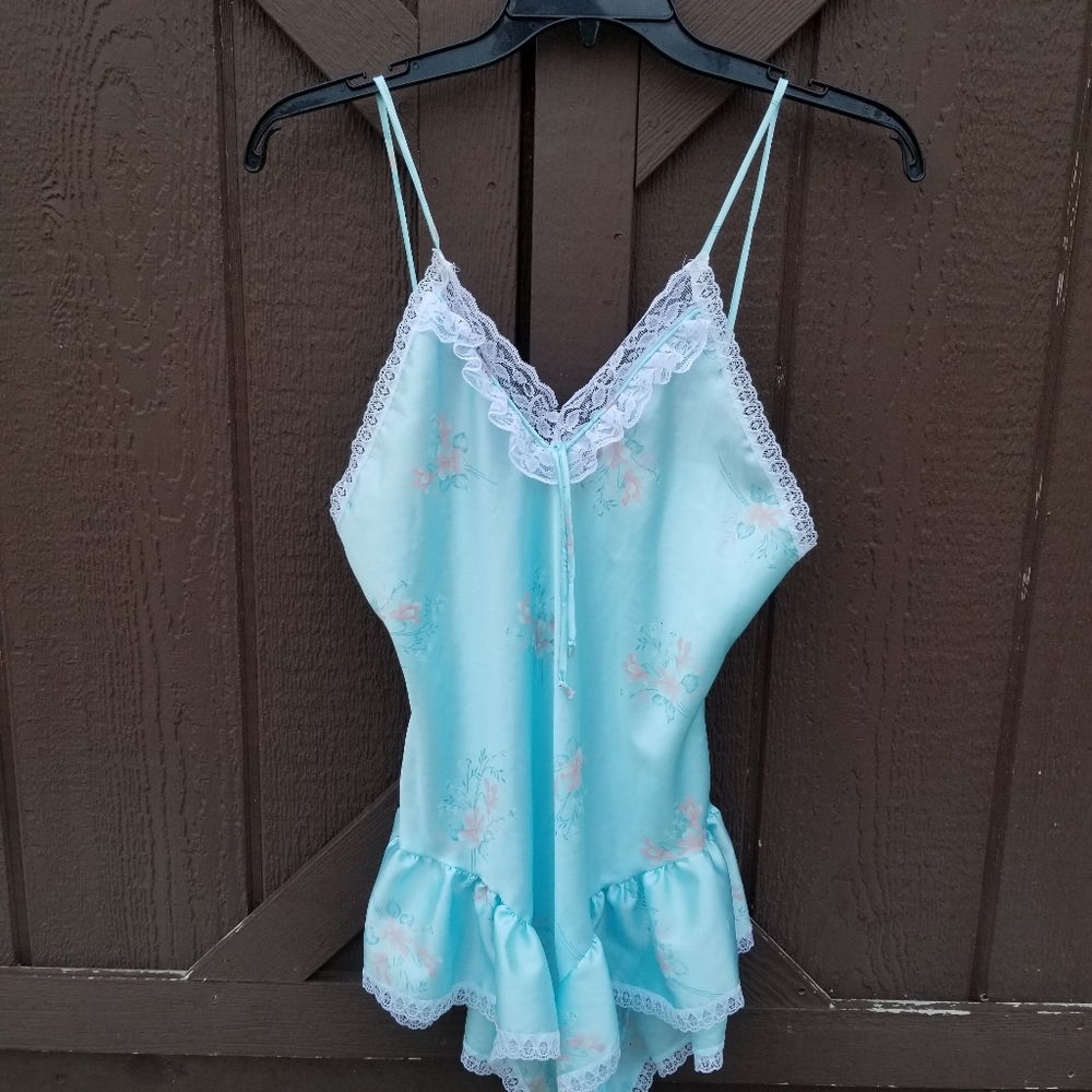 Vtg 80s Miss Diva Sexy Teddy Ruffled Negligee One Piece Icey Blue Floral Sz M/Lg